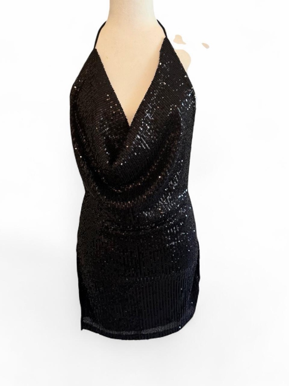 Black Sequin Halter Cowl Neck backless Mini Dress